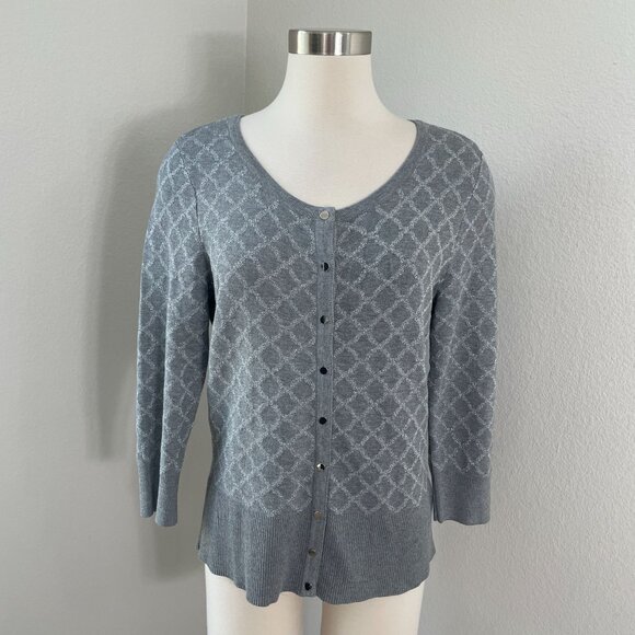 White House Black Market Womens Large Gray Metallic Button Up Cardigan Sweater - Picture 1 of 11